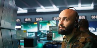 Opérateur radio avec casque micro transmettant un message en épelant avec l'alphabet militaire