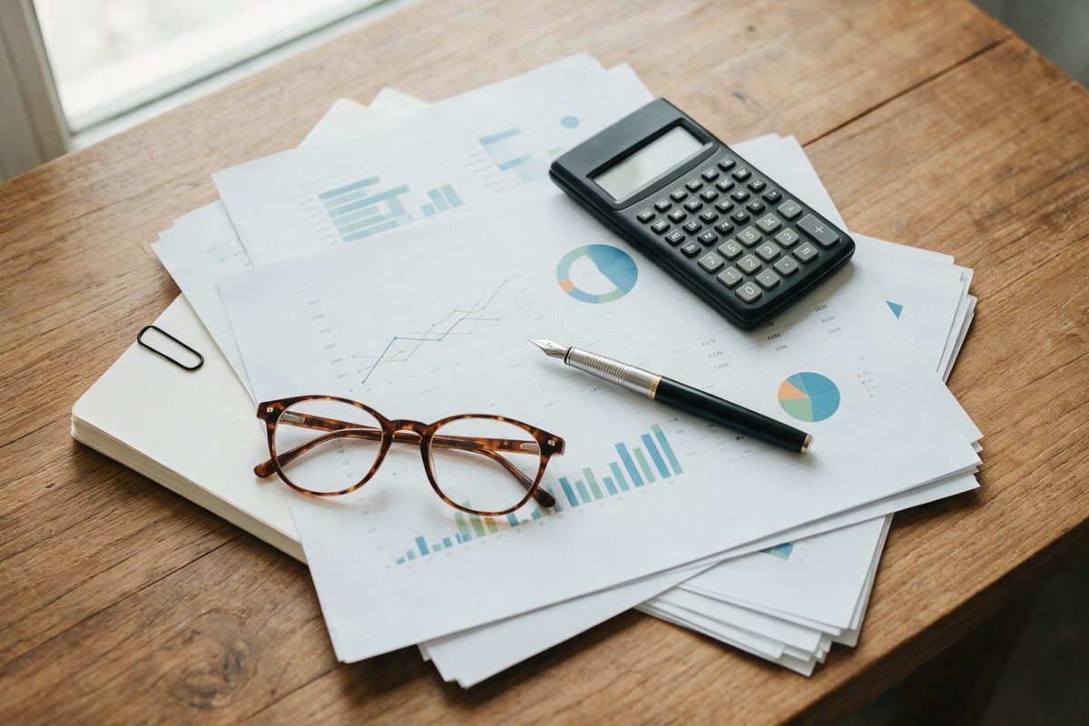 Bureau vu de dessus avec tableaux financiers imprimés, calculatrice et stylo