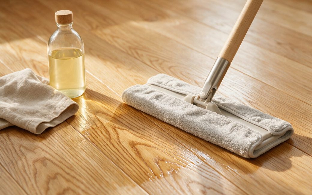 Parquet en chêne clair nettoyé au balai microfibre, savon pour bois posé à côté