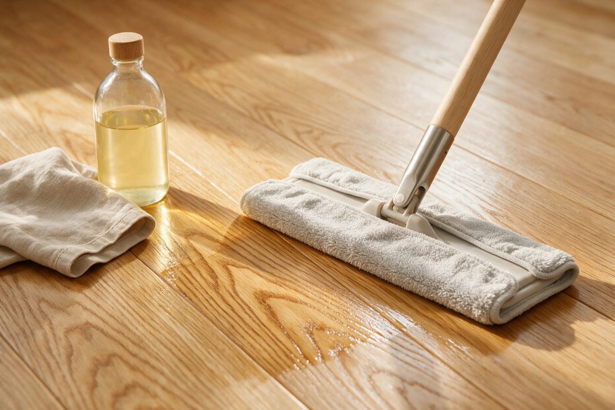 Parquet en chêne clair nettoyé au balai microfibre, savon pour bois posé à côté