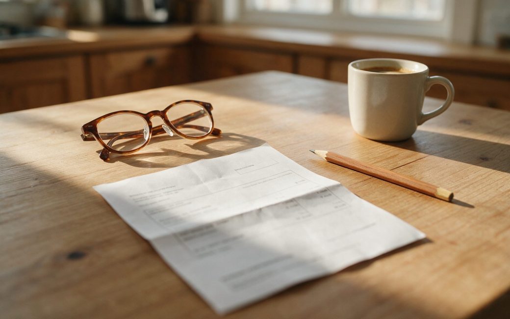 Facture d’électricité posée sur une table de cuisine avec lunettes et crayon