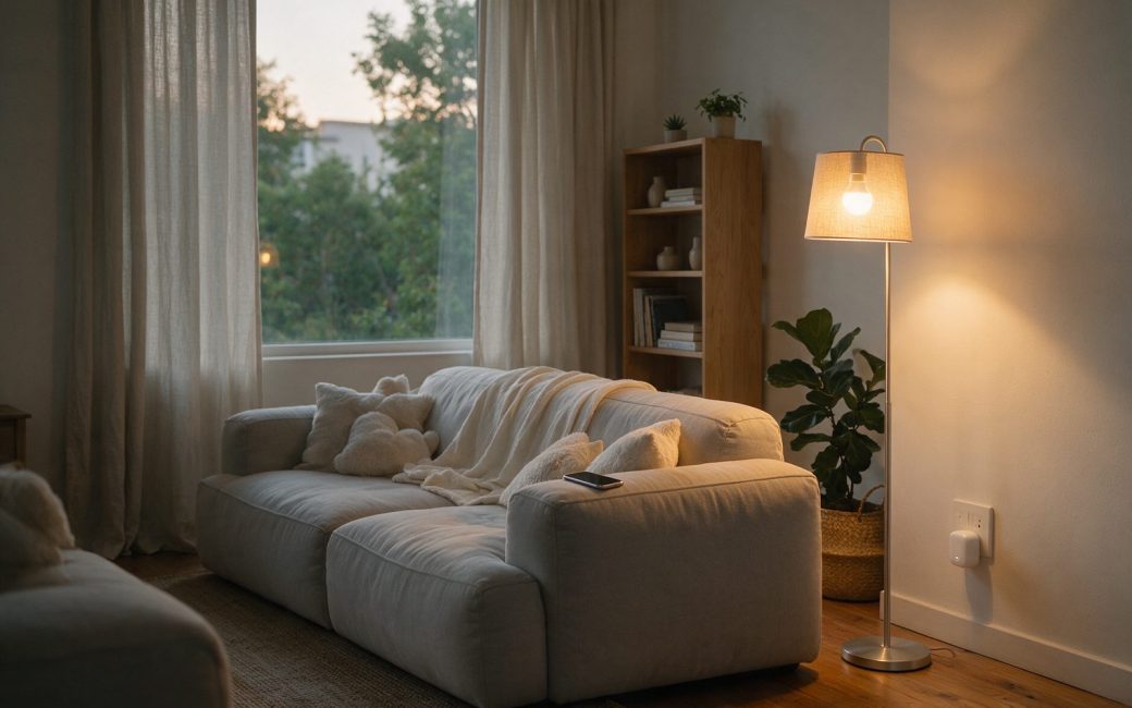 Salon en fin de journée avec une lampe connectée allumée et une prise connectée murale