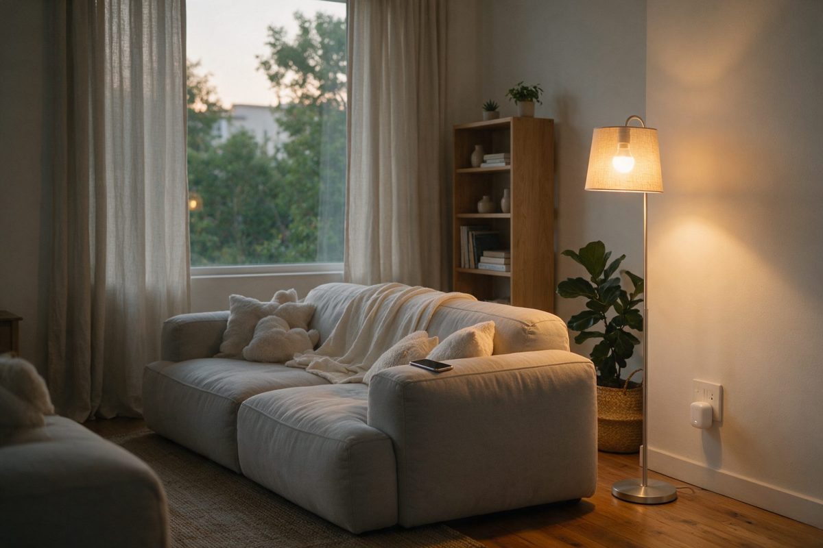 Salon en fin de journée avec une lampe connectée allumée et une prise connectée murale
