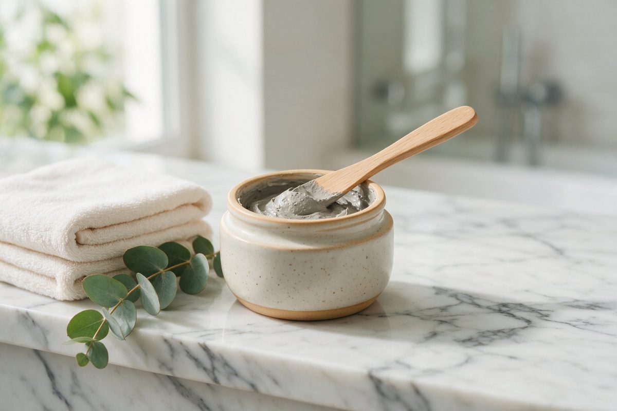 Pot de masque à l’argile ouvert avec spatule en bois sur un plan de travail en marbre