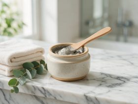 Pot de masque à l’argile ouvert avec spatule en bois sur un plan de travail en marbre