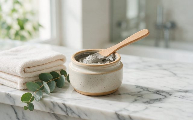 Pot de masque à l’argile ouvert avec spatule en bois sur un plan de travail en marbre