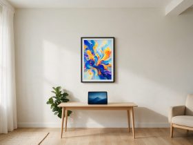 Cadre numérique affichant une œuvre abstraite dans un intérieur minimaliste