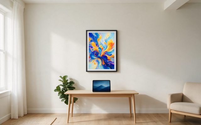 Cadre numérique affichant une œuvre abstraite dans un intérieur minimaliste