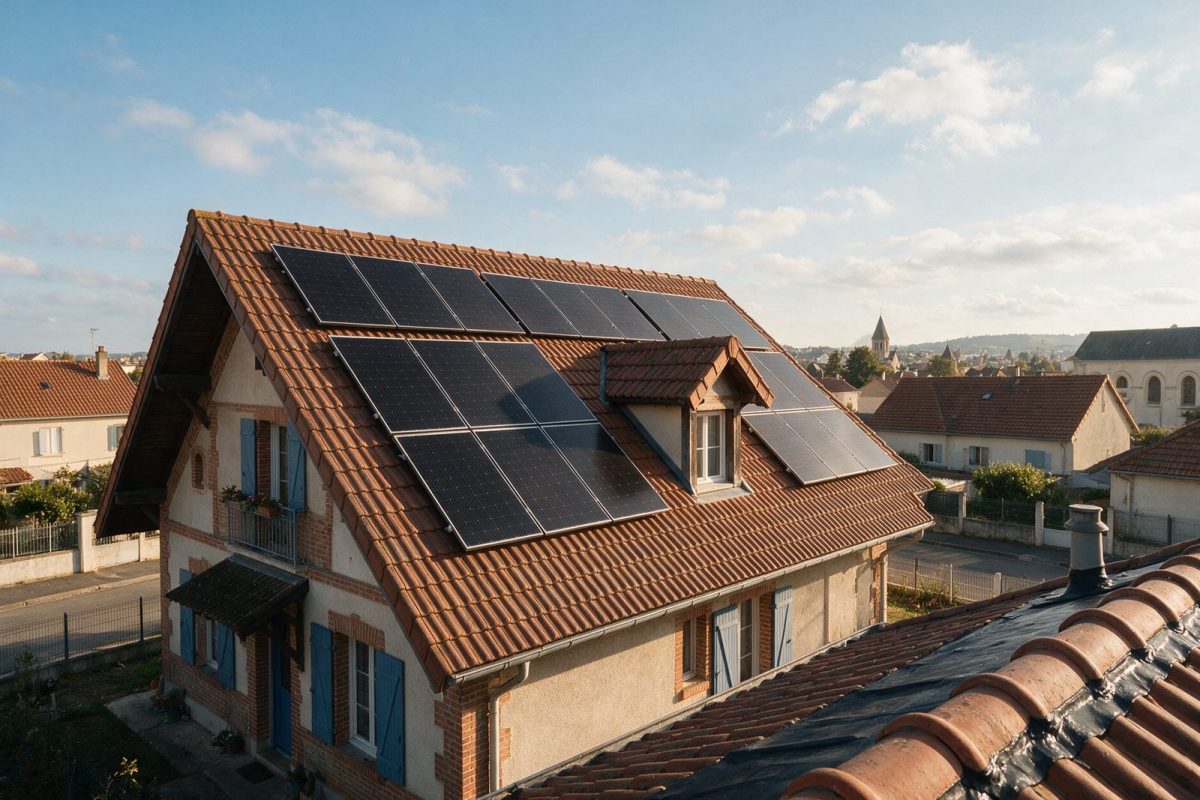 Panneaux solaires installés sur la toiture en tuiles d’une maison individuelle
