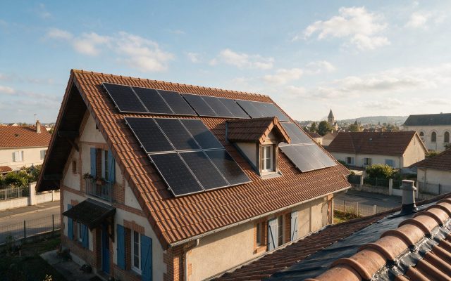 Panneaux solaires installés sur la toiture en tuiles d’une maison individuelle
