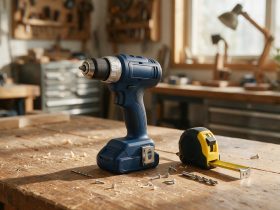 Perceuse sans fil posée sur un établi en bois avec mètre ruban et vis