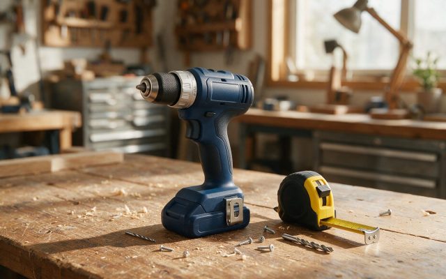 Perceuse sans fil posée sur un établi en bois avec mètre ruban et vis