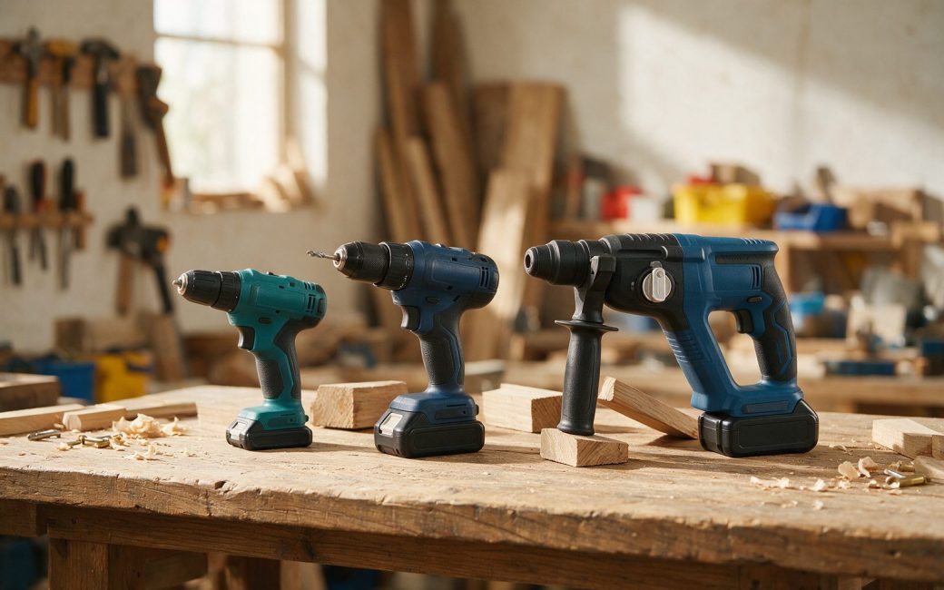 Perceuse-visseuse, perceuse à percussion et perforateur alignés sur un établi en bois