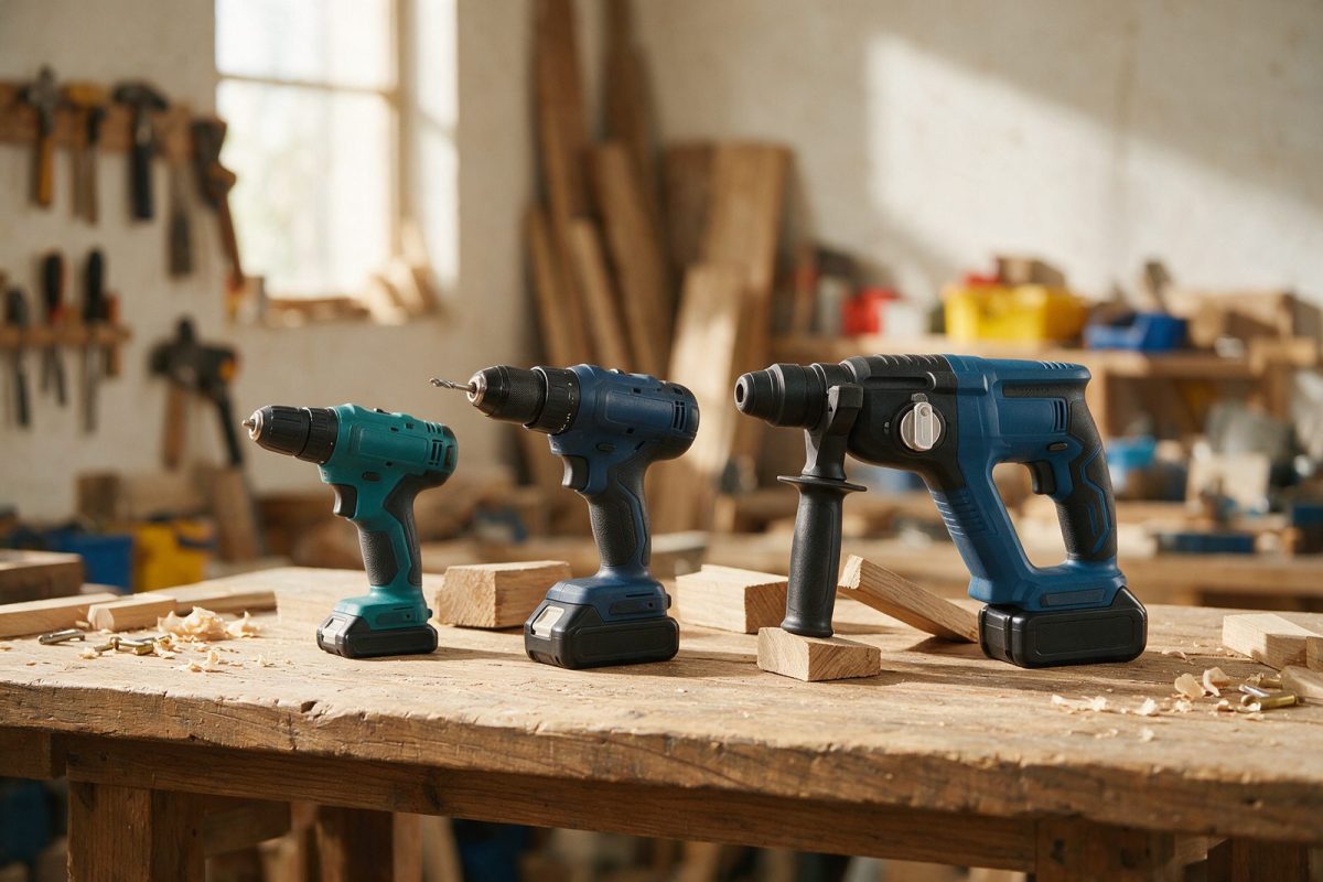 Perceuse-visseuse, perceuse à percussion et perforateur alignés sur un établi en bois