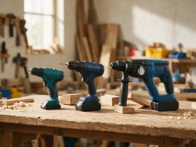 Perceuse-visseuse, perceuse à percussion et perforateur alignés sur un établi en bois