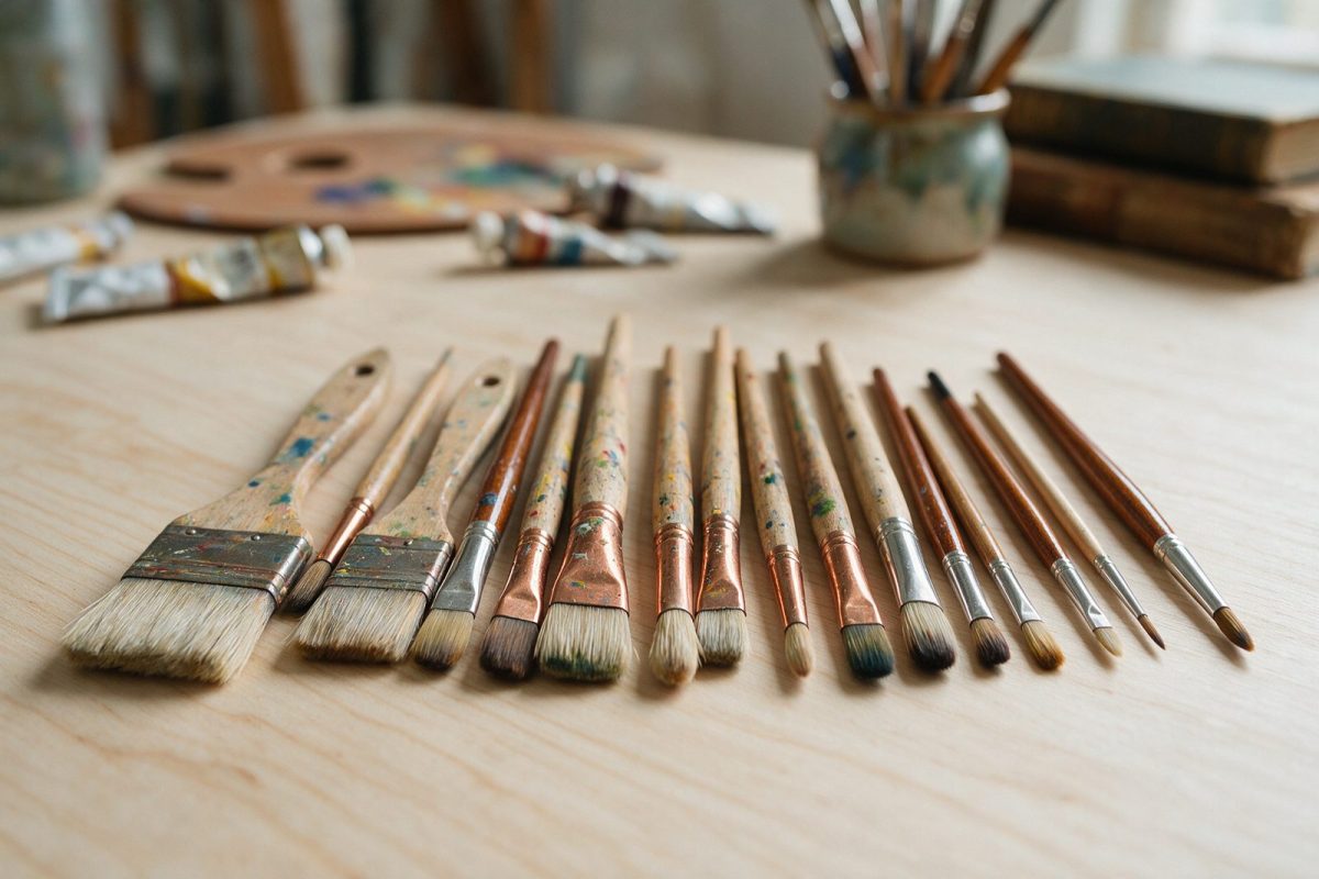 Pinceaux d’artiste de différentes tailles alignés sur une table en bois clair