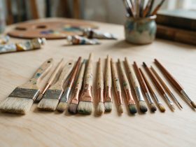 Pinceaux d’artiste de différentes tailles alignés sur une table en bois clair