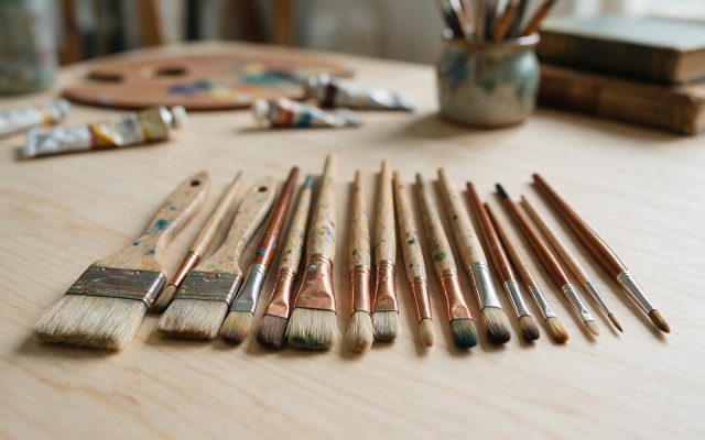 Pinceaux d’artiste de différentes tailles alignés sur une table en bois clair