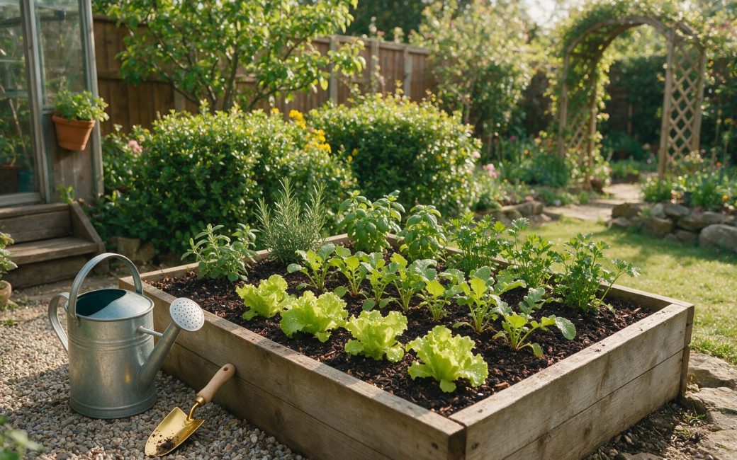 Carré potager en bois surélevé planté de jeunes salades et d’herbes aromatiques