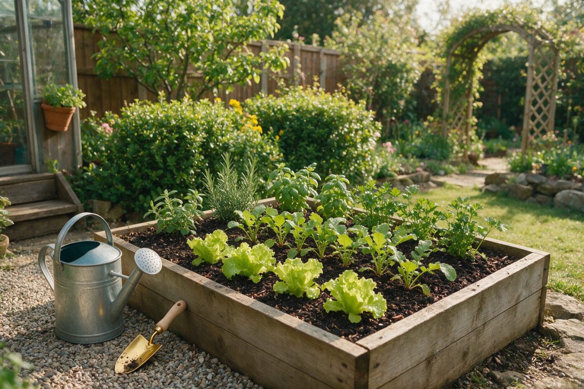 Carré potager en bois surélevé planté de jeunes salades et d’herbes aromatiques