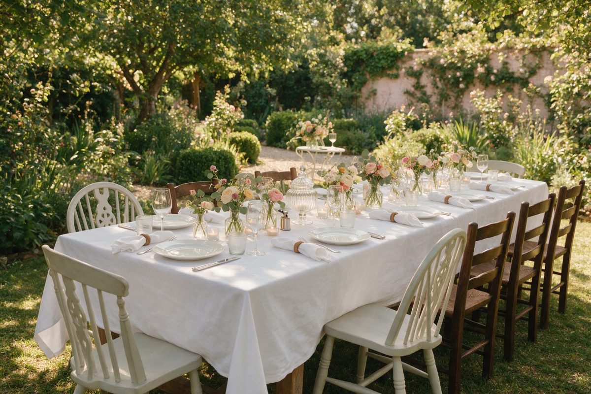 Longue table de fête dressée dans un jardin, nappe blanche et fleurs