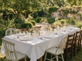 Longue table de fête dressée dans un jardin, nappe blanche et fleurs