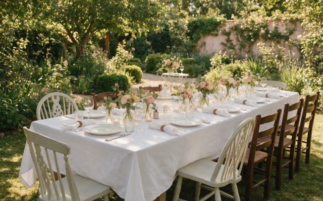 Longue table de fête dressée dans un jardin, nappe blanche et fleurs