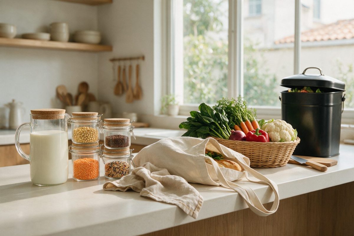 Plan de travail de cuisine avec bocaux réutilisables, sac en tissu et légumes frais