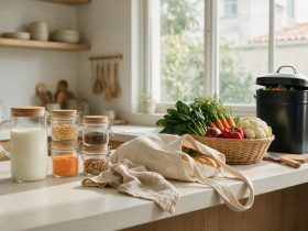Plan de travail de cuisine avec bocaux réutilisables, sac en tissu et légumes frais