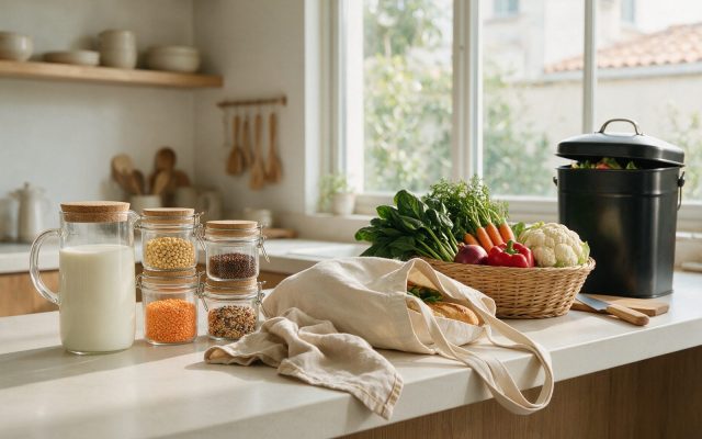 Plan de travail de cuisine avec bocaux réutilisables, sac en tissu et légumes frais
