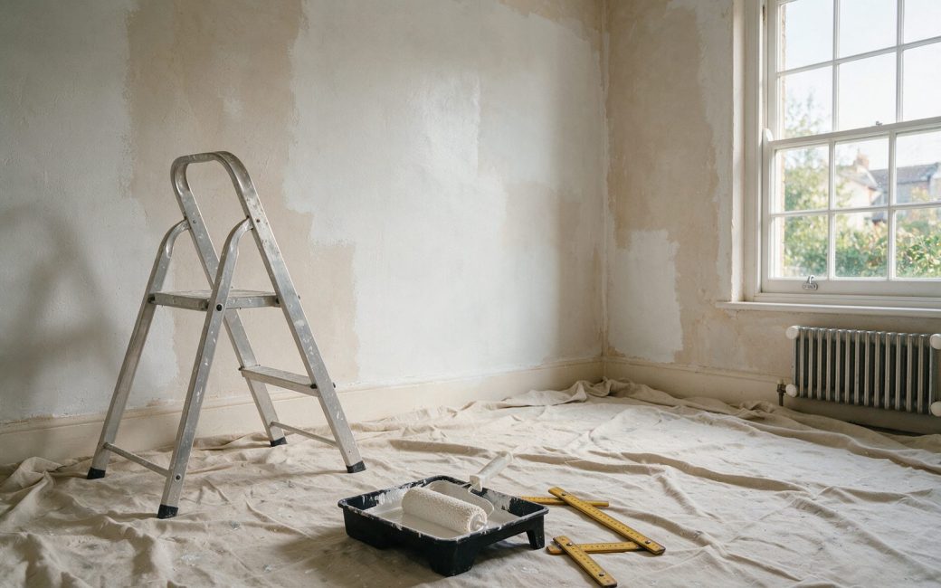 Pièce en cours de rénovation avec escabeau, bâches de protection et rouleau à peinture