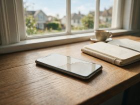 Smartphone affichant un graphique financier posé sur un bureau à côté d’un carnet