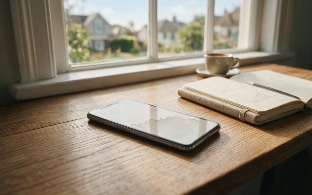 Smartphone affichant un graphique financier posé sur un bureau à côté d’un carnet