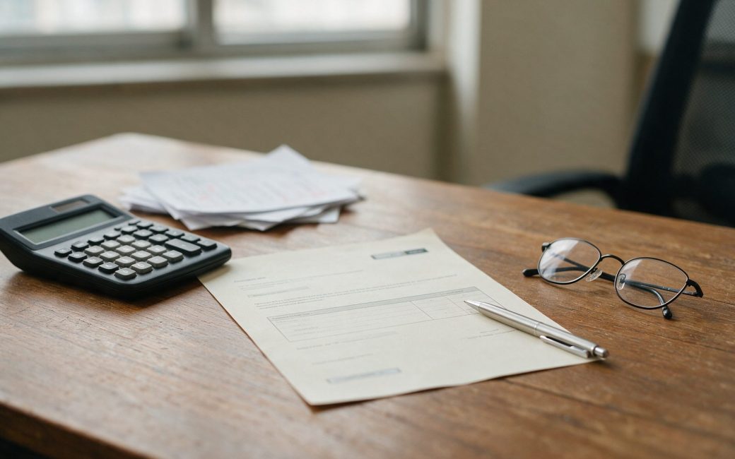 Offre de prêt posée sur un bureau avec calculatrice, stylo et lunettes