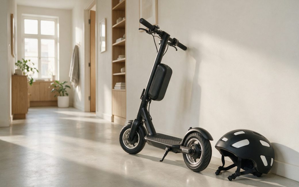 Trottinette électrique pliée posée contre le mur d’un couloir lumineux, casque au sol