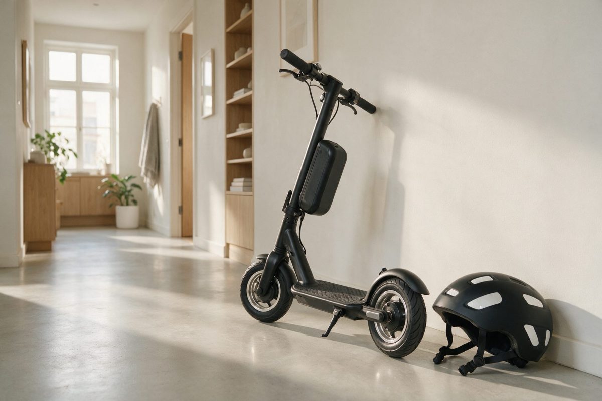 Trottinette électrique pliée posée contre le mur d’un couloir lumineux, casque au sol